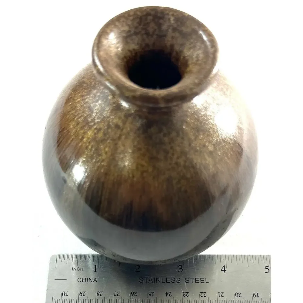 Small Round Studio Gold Crystalline Hombre Shades of Brown Pottery Art Vase